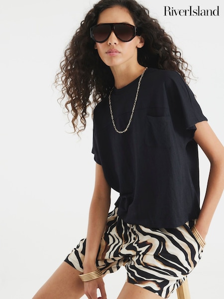 River Island Black Linen Look Pocket T-Shirt (H59562) | 129 QAR