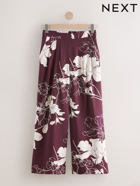 Burgundy/Cream Floral Wide Leg Trousers With Linen (H59729) | ₪113