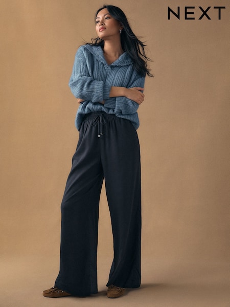 Navy Pull On Wide Leg Trousers With Linen (H59733) | 94,600 KHR