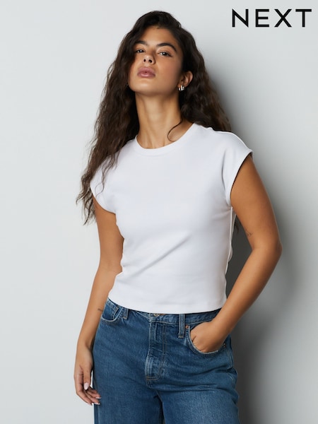White Capped Sleeve Fitted Crew Neck T-Shirt (H59750) | €10