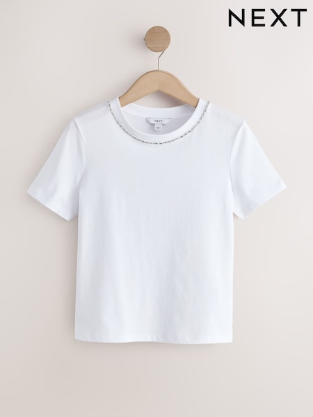 Biały - Embellished Neck Chain Short Sleeve Crew Neck T-Shirt (H59805) | 120 zł