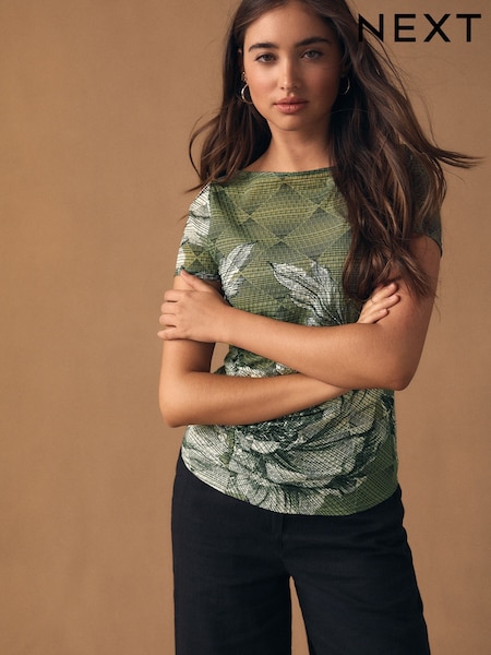 Green Floral Print Shirred Textured Drape Short Sleeve Slash Neck Top (H59830) | $45