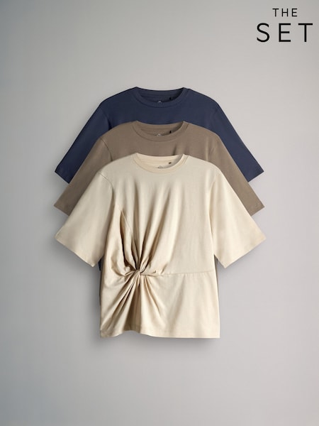 The Set Navy Blue/Light Brown/Stone Knot Detail T-Shirt 3 Pack (H59940) | €28