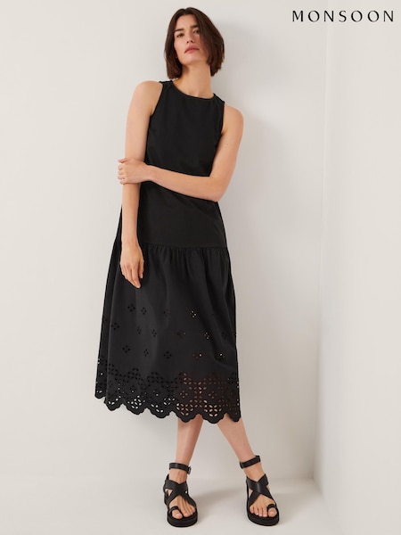 Monsoon Black Fable Broderie Drop Waist Midi Dress (H60134) | R$ 680