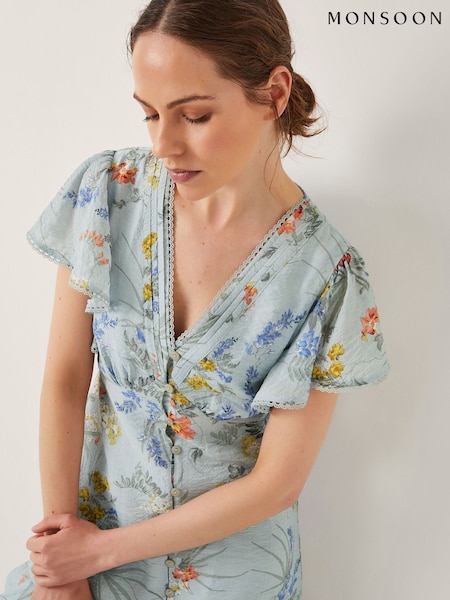 Monsoon Blue Jesse V-Neck Floral Print Midi Dress (H60147) | €112