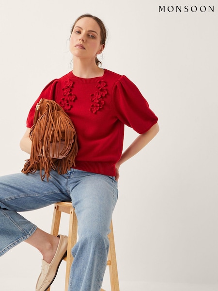 Monsoon Red Fee Floral Print Puff Sleeve Jumper (H60148) | R$ 680
