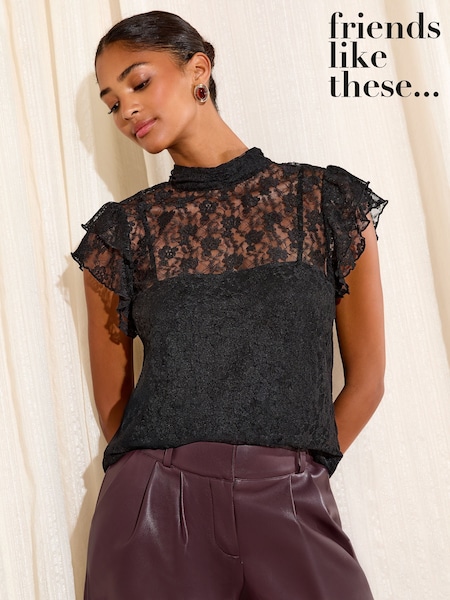 أسود - Friends Like These High Neck Lace Top (H60180) | ‏186 د.إ.‏