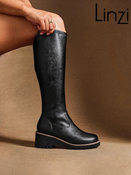 Linzi Black Wide Fit Maintain Stretch High Leg Wedge Boots (H60276) | €74