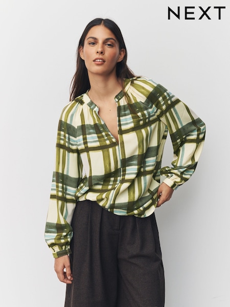 Green/Ecru Check Long Sleeve V-Neck Blouse (H60521) | €34.50