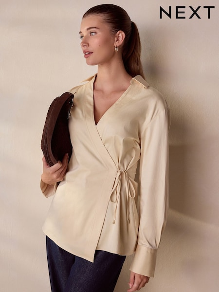 بيج فاتح - N.Premium Wrap Front Long Sleeve Shirt (H60528) | ‏212 ر.ق.