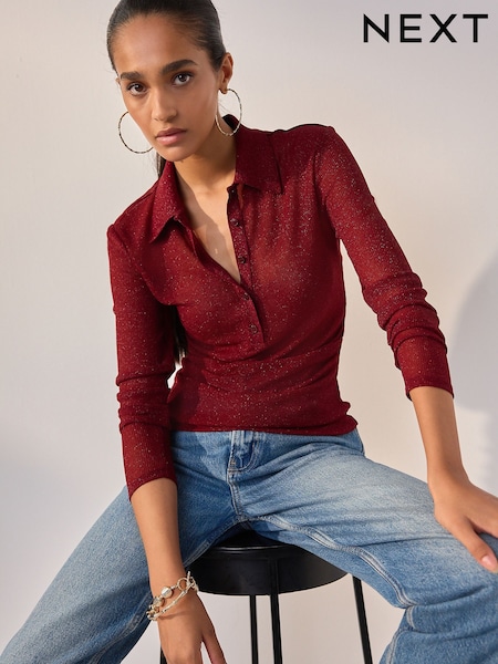 Burgundy Sparkle Long Sleeve Polo Top (H60538) | OMR19
