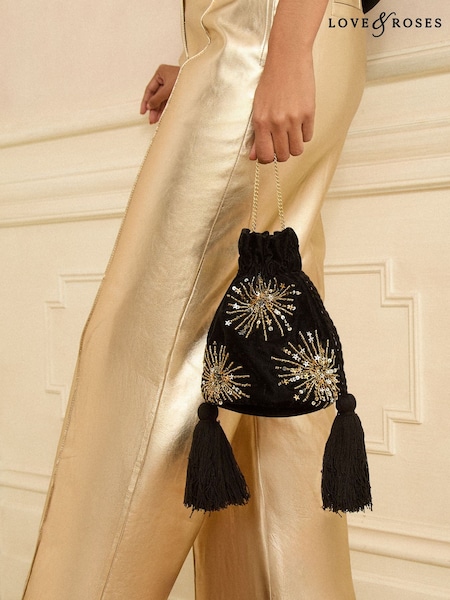 Love & Roses Black Velvet Sequin Embellished Pouch Bag (H60583) | 197 QAR