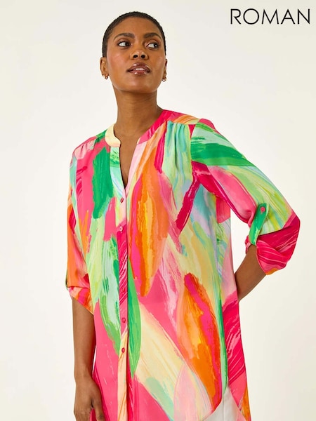 Roman Pink Abstract Print V-Neck Button Blouse (H60590) | AED306