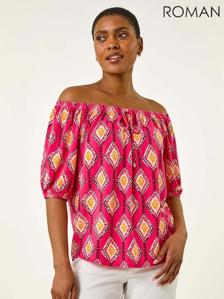 Roman Pink Printed Bardot Tie Front Stretch Blouse (H60594) | AZN 98