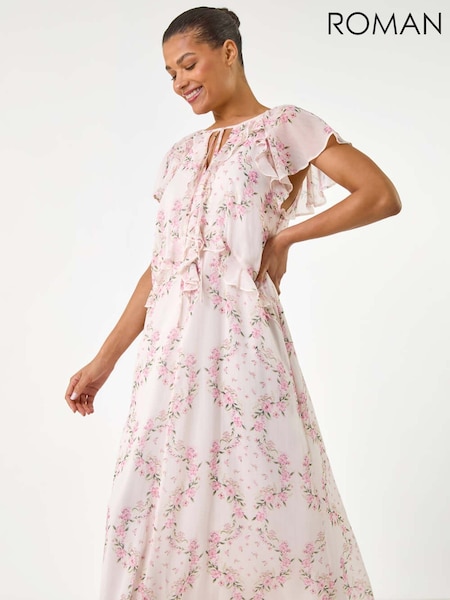 Roman Floral Print Frill Flutter Sleeve Dress (H60595) | €86