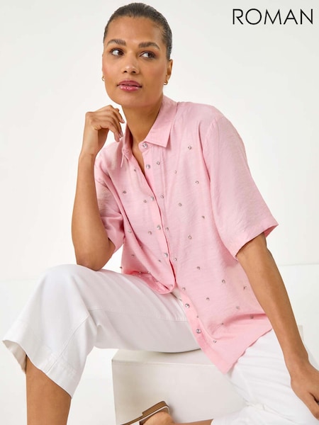 Roman Pink Rhinestone Button Detail Collar Shirt (H60597) | €53