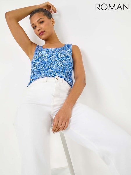 Roman Blue Leaf Print Textured Stretch Vest Top (H60599) | 198 QAR