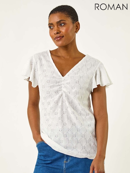 Roman White Ruched Frill Textured Blouse (H60605) | 198 QAR
