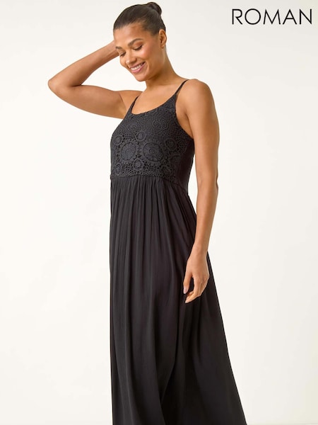 Roman Black Lace Bodice Shirred Midi Dress (H60606) | R$ 545