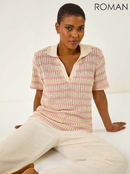 Roman Pink Stripe Crochet Collar Knit Blouse (H60611) | AED262