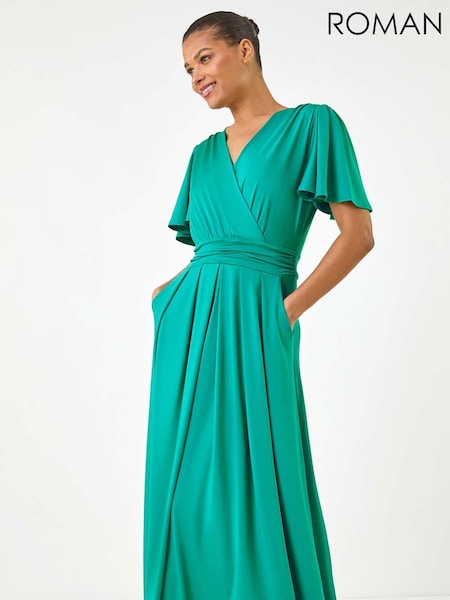 Roman Green Tie Back V-Neck Stretch Midi Dress (H60615) | R$ 580