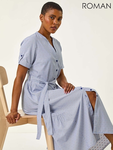Roman Blue Stripe Tie Waist Midi Dress (H60616) | R$ 580