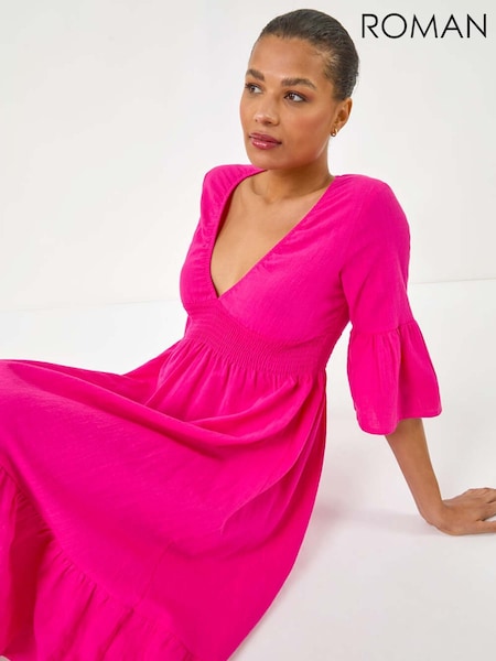 Roman Pink Linen Look Shirred Midi Dress (H60625) | R$ 545