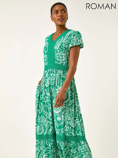 Roman Green Paisley Print Lace Trim Midi Dress (H60631) | €69