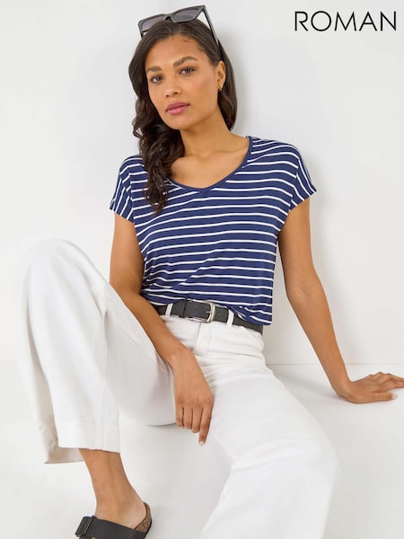 Azul - Roman Stripe Print V-Neck Stretch T-Shirt (H60638) | R$ 385
