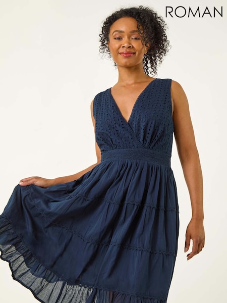 Roman Blue Petite Embroidered Lace Trim Dress (H60681) | 2,884 UAH