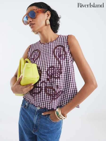 River Island Gingham Cut Work Tank Top (H60702) | 253 LEI