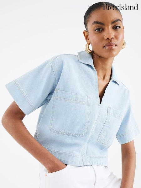River Island Blue Boxy Cropped Denim Shirt (H60709) | R$ 315