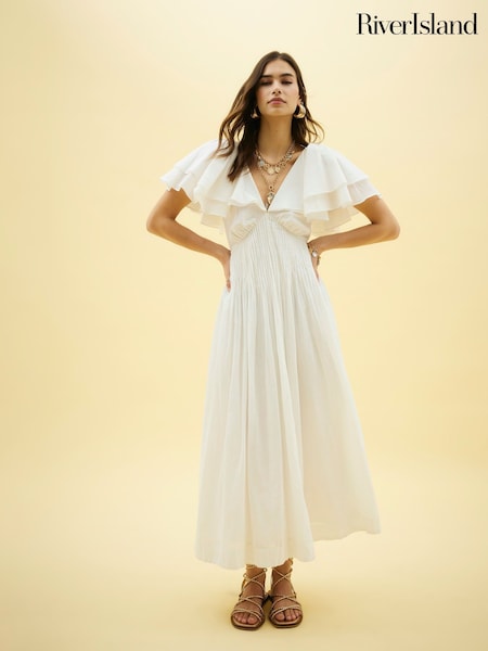 River Island White Flutter Sleeve Shirred Midi Dress (H60727) | €92