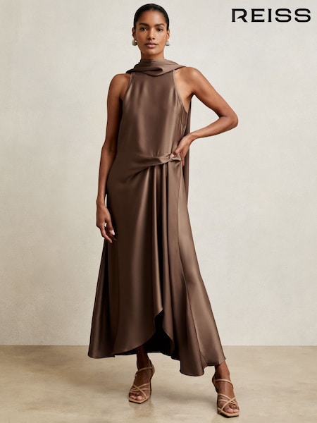 Reiss Taupe Brown Michelle Satin Tuck-Detail Cape Midi Dress (H60854) | €242