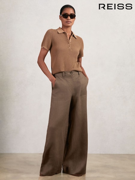 Reiss Chocolate Brown Ashby Linen Wide Leg Trousers (H60868) | R$ 1.480