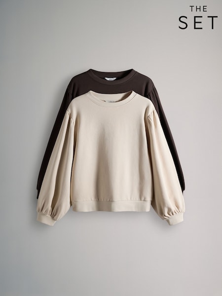The Set Chocolate Brown/Cream 2 Pack Relaxed Crew Neck Puff Sleeve Sweatshirts (H61013) | €42