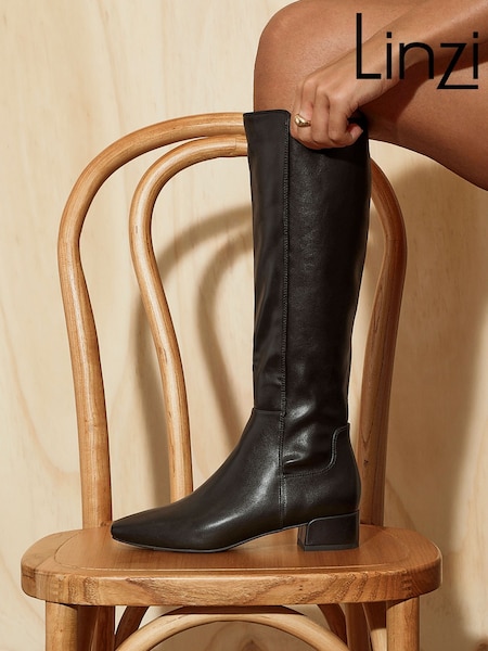 Linzi Black PU Revolve High Leg Boot With Low Block Heel (H61056) | €82