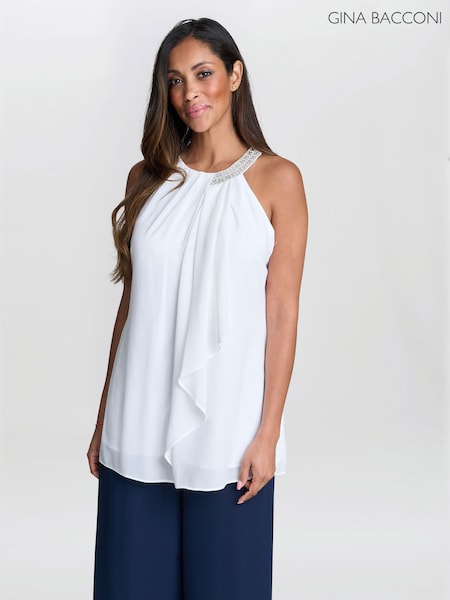 Gina Bacconi Elle Halter White Top With Beaded Neck (H61256) | 968 LEI