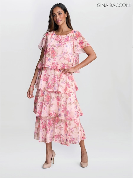 Gina Bacconi Orange Essie Midi Length Printed Tier Dress (H61262) | € 390