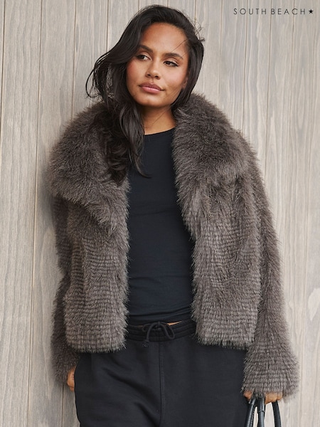 South Beach Grey Tipped Long Pile Faux Fur Collar Detail Short Jacket (H61310) | €120