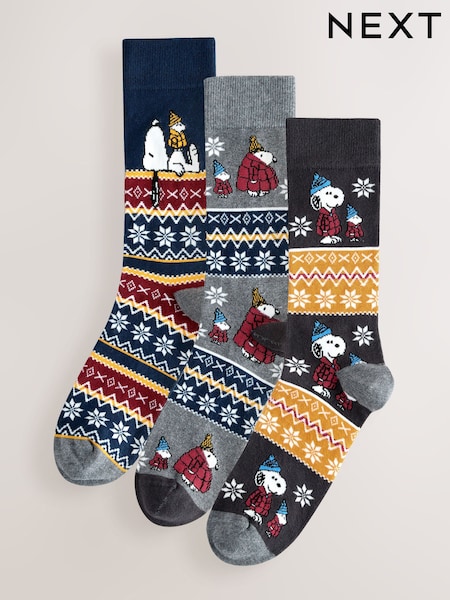 Blue/Grey Snoopy Fairisle Pattern Heavyweight Socks 3 Pack (H61424) | R$ 135