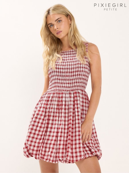 PixieGirl Petite Red Check Shirred Puffball Mini Dress (H61652) | R$ 345
