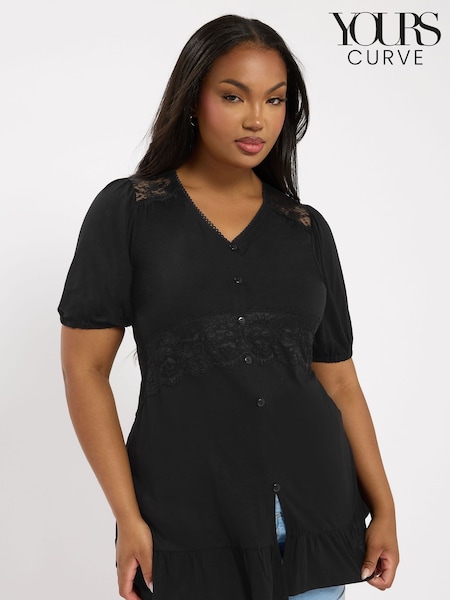Yours Curve Black Jersey Romantic Frill Top (H61658) | R$ 265