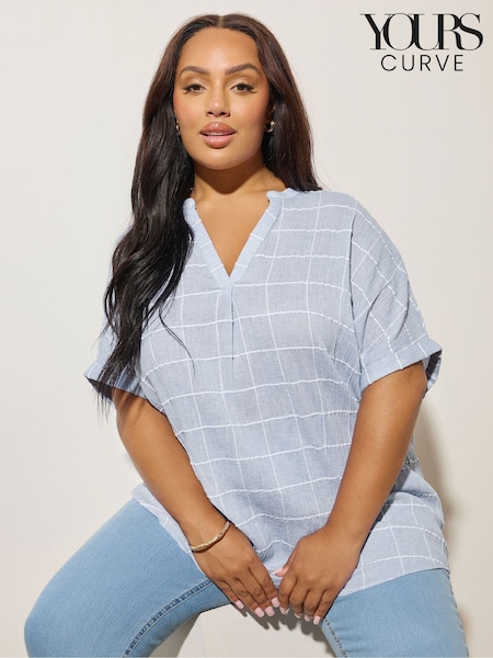 Yours Curve Blue Checed Notchneck Short Sleeve Blouse (H61673) | €41