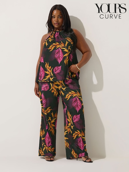 Yours Curve Black Limited Dark Palm Tropics Wide Leg Trousers (H61682) | R$ 335