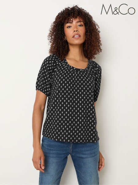 M&Co Black Dobby Boho Short Sleeve Blouse (H61684) | €35