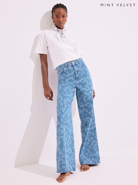 Mint Velvet Blue Mid Floral Print Wide Jeans (H61909) | AED641