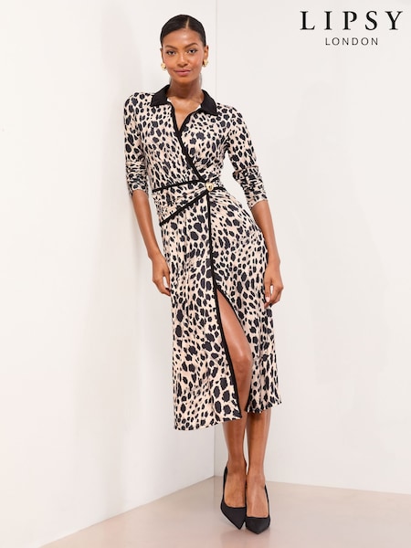 Lipsy Animal Print Wrap Collared Jersey Midi Shirt Dress (H61982) | 83 €