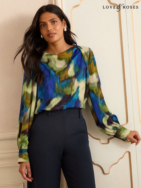 Love & Roses Multi Petite Long Sleeve Satin Cowl Neck Blouse (H62191) | € 61
