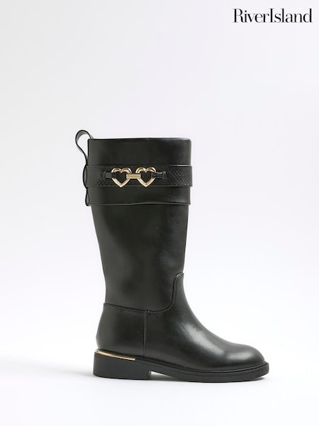 River Island Black Girls Heart Snaffle Knee High Boots (H62254) | €50